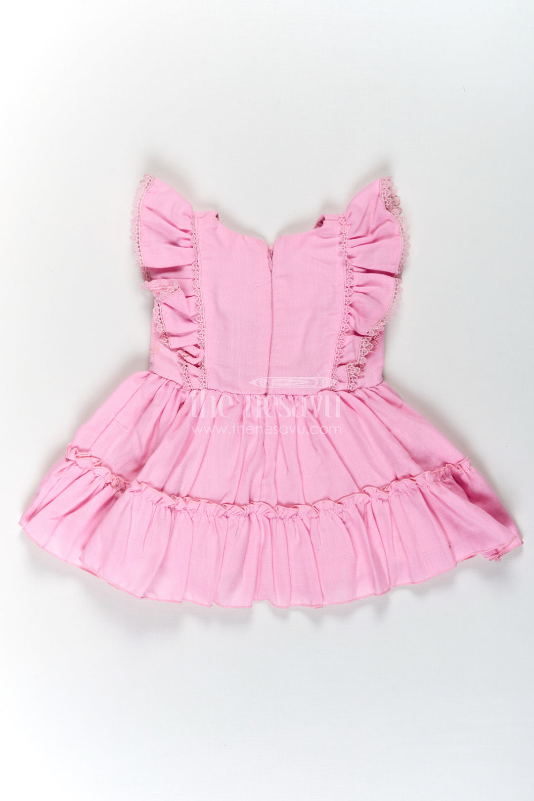 The Nesavu Baby Cotton Frocks Cotton Frock Baby in Light Pink with Floral Thread Embroidery and Ruffled Sleeves Nesavu Cotton Frock Baby Light Pink Floral Thread Embroidery Tiered Hem | The Nesavu