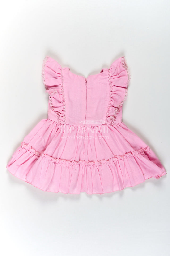 The Nesavu Baby Cotton Frocks Cotton Frock Baby in Light Pink with Floral Thread Embroidery and Ruffled Sleeves Nesavu Cotton Frock Baby Light Pink Floral Thread Embroidery Tiered Hem | The Nesavu