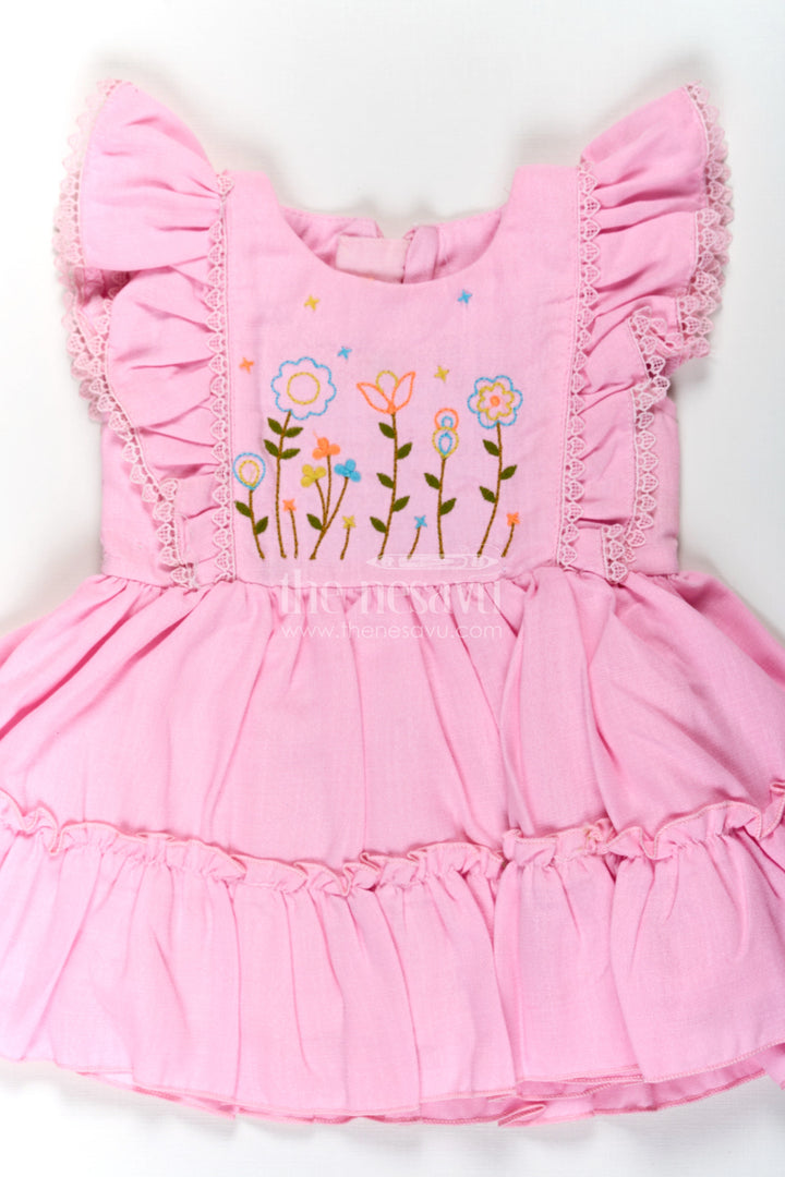 The Nesavu Baby Cotton Frocks Cotton Frock Baby in Light Pink with Floral Thread Embroidery and Ruffled Sleeves Nesavu Cotton Frock Baby Light Pink Floral Thread Embroidery Tiered Hem | The Nesavu