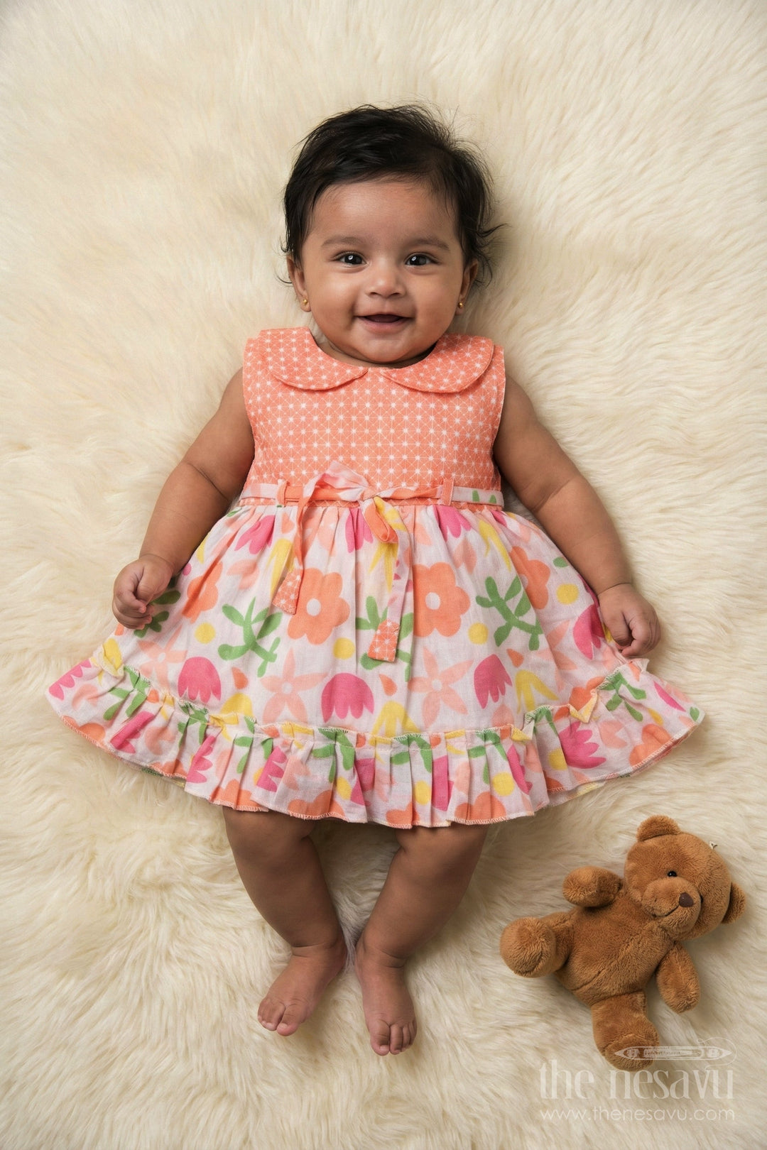 The Nesavu Baby Cotton Frocks Cotton Frock for Baby Girls with Floral Digital Print and Tie-up Waist Nesavu 14 (6M) / Peach BFJ888C-14 Nesavu cotton frock for baby girls with digital floral print and tie-up belt for birthdays and playdates