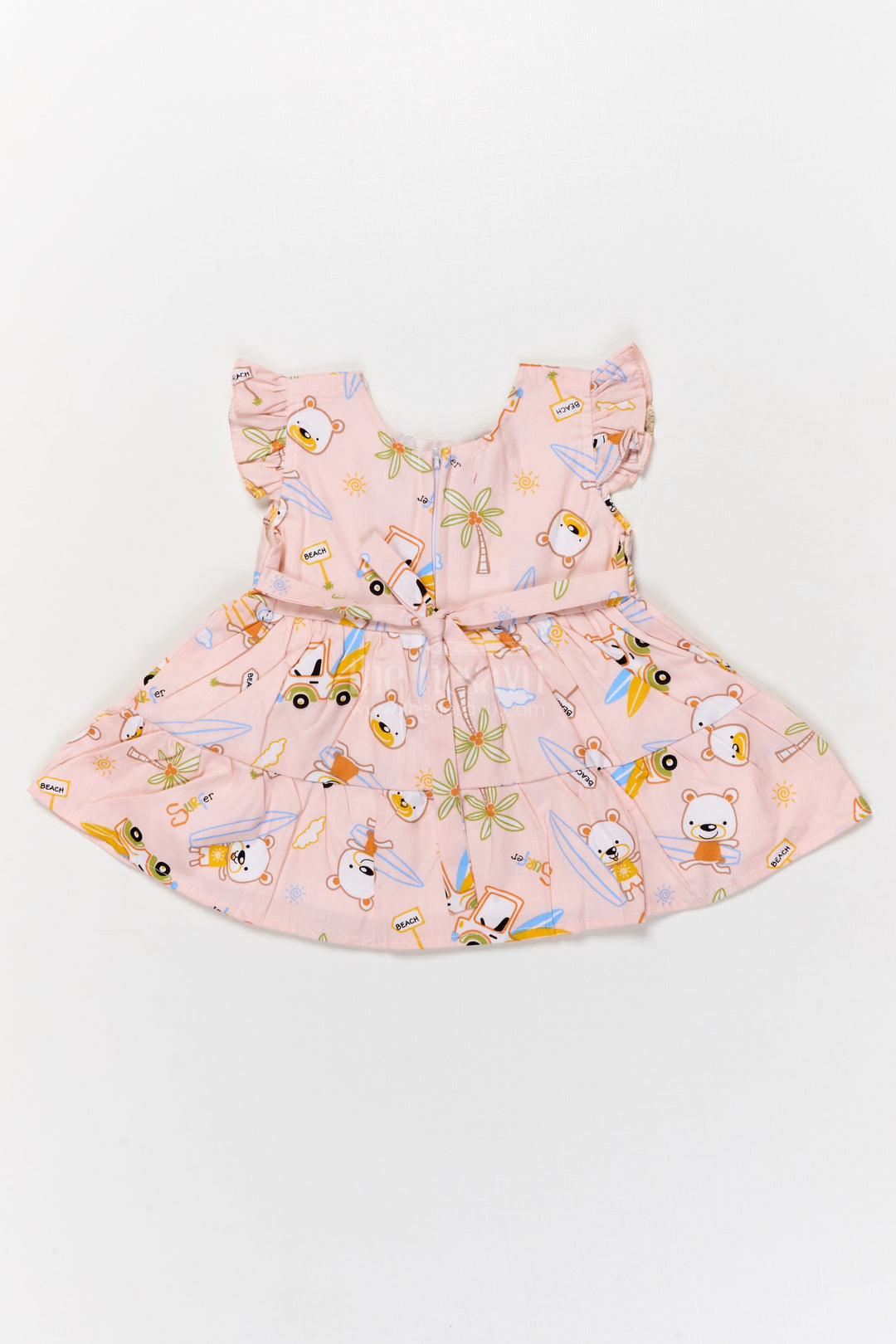 The Nesavu Baby Cotton Frocks Cotton Frock for Baby Girls with Surfer Bear Print and Bow for Summer Playdates Nesavu Nesavu cotton frock for baby girls with surfer bear digital print and frill sleeves for summer play