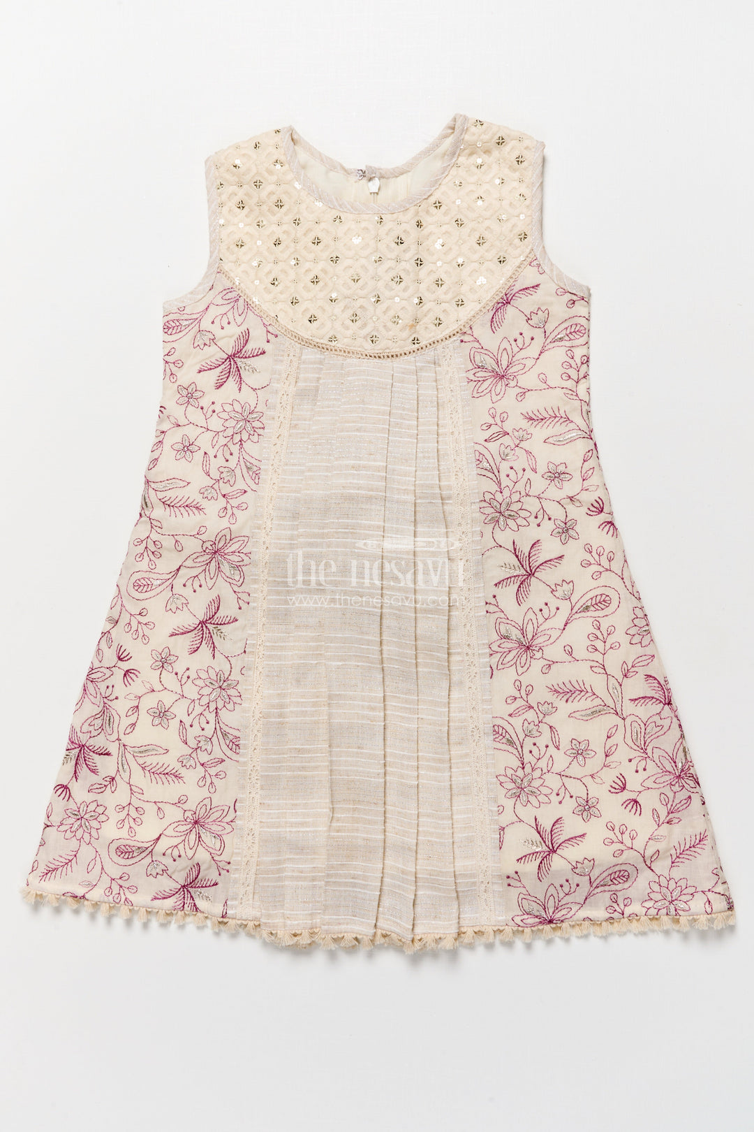 The Nesavu Girls Cotton Frock Cotton Frock for Girls with Embroidered Yoke for Casual Outings and Family Get-Togethers Nesavu 22 (4Y) / Cream GFC1801A-22 Nesavu cotton frock girls net embroidered yoke perfect casual occasions family gatherings