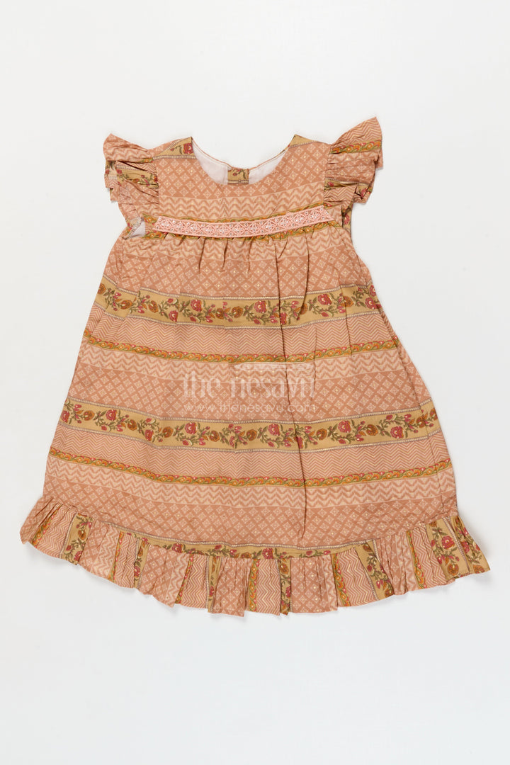 The Nesavu Girls Cotton Frock Cotton Frock for Toddler Girls for Casual Celebrations and Family Get-togethers Nesavu 18 (2Y) / Brown / Modal GFC2082B-18 Nesavu cotton frock with traditional print and lace for toddler girls&