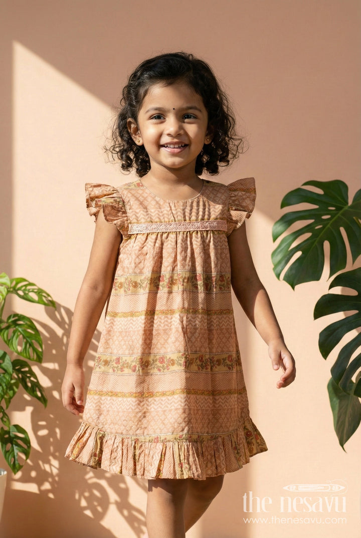 The Nesavu Girls Cotton Frock Cotton Frock for Toddler Girls for Casual Celebrations and Family Get-togethers Nesavu 18 (2Y) / Brown / Modal GFC2082B-18 Nesavu cotton frock with traditional print and lace for toddler girls&