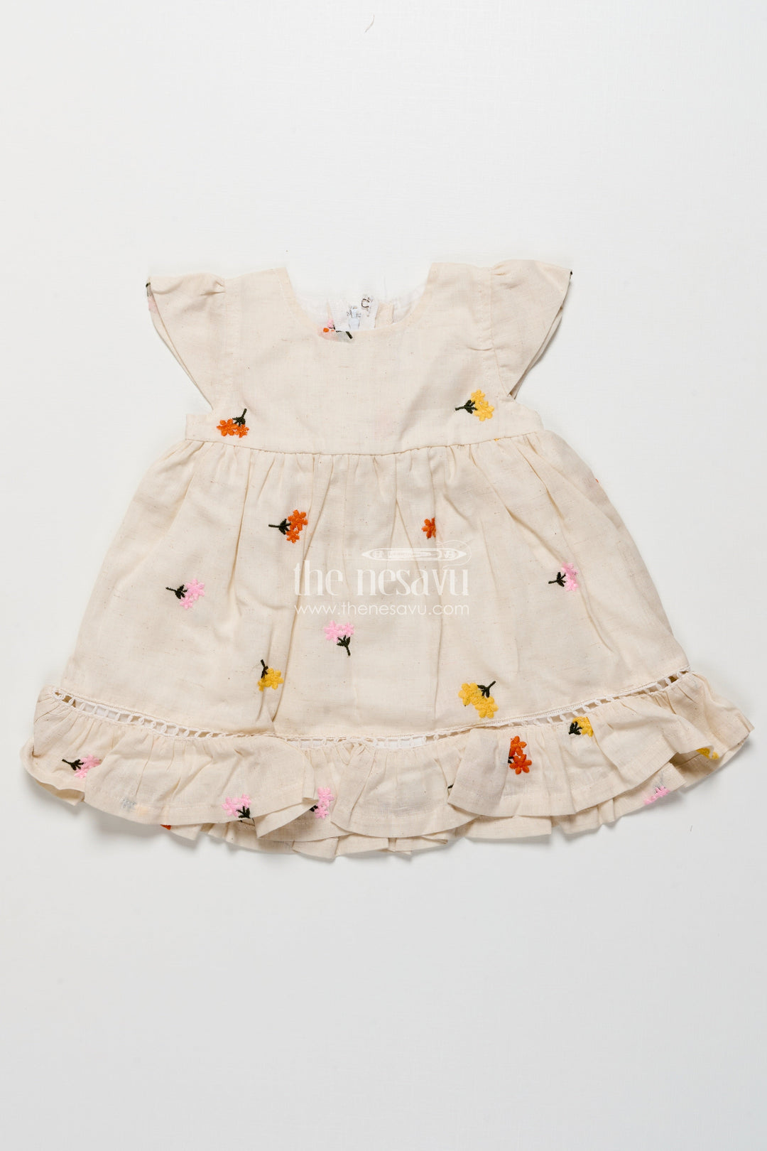 The Nesavu Girls Cotton Frock Cotton Frock for Toddler Girls with Floral Embroidery and Frill Hem Nesavu 16 (1Y) / Cream GFC1916A-16 Nesavu toddler girl cotton frock floral embroidery  ideal summer outings casual festive wear