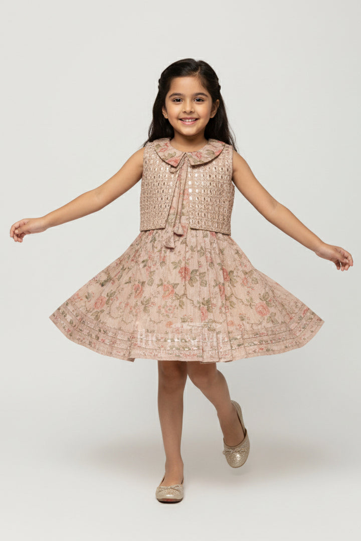 The Nesavu Girls Cotton Frock Cotton Frock with Attached Embroidered Coat for Festive-Ready Casual Days Nesavu 22 (4Y) / Beige GFC1807A-22 Nesavu girls cotton frock attached embroidered coat perfect festive school functions casual ethnic days