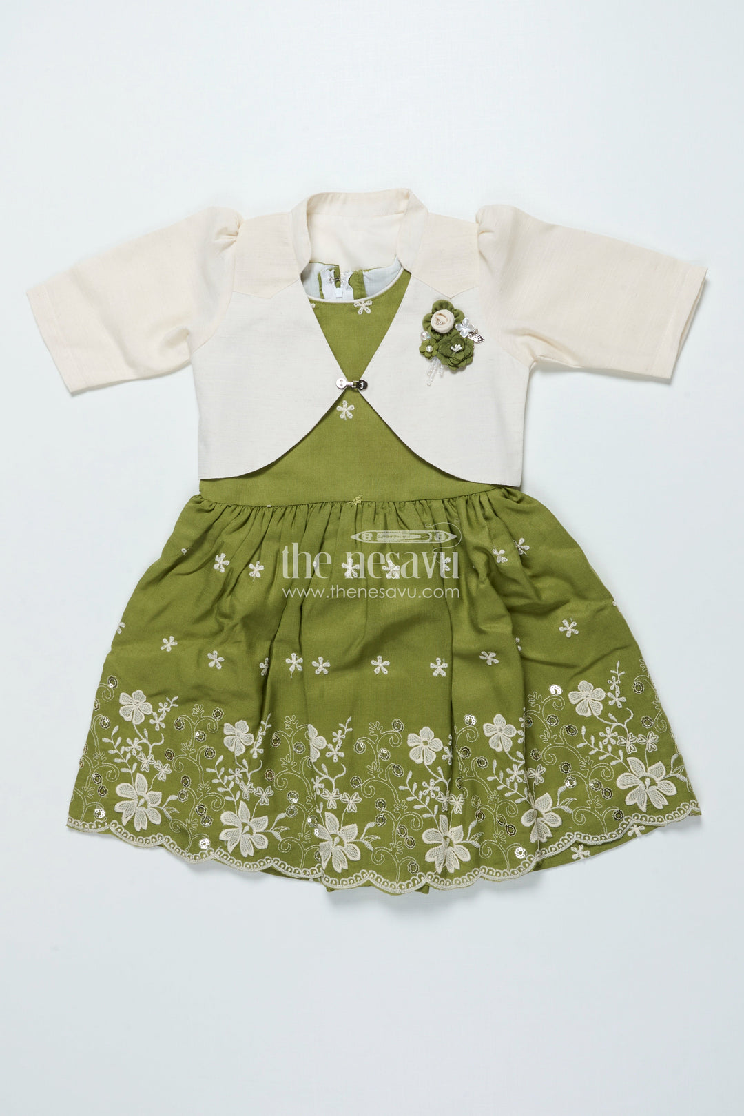 The Nesavu Girls Cotton Frock Cotton Frock with Embroidered Jacket for Girls for Festive and Family Functions Nesavu 22 (4Y) / Green GFC1920B-22 Nesavu girls cotton frock embroidery jacket perfect ethnic day family gatherings