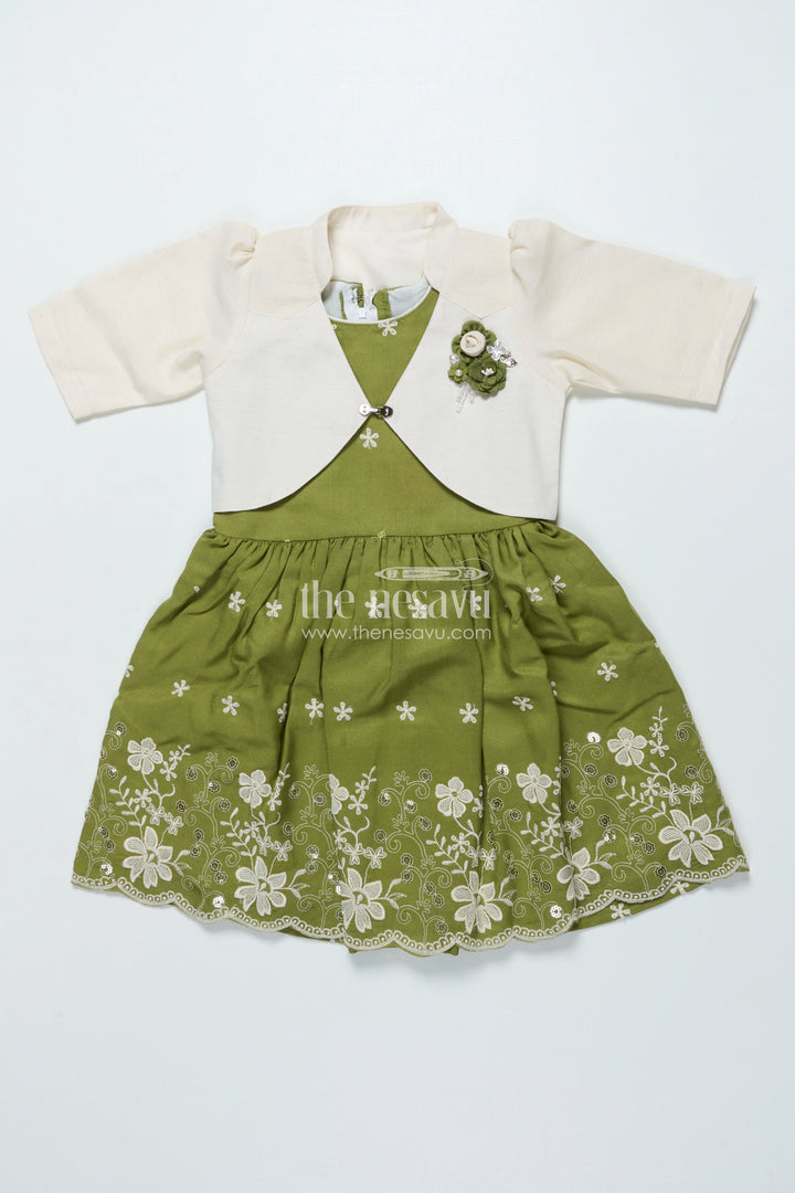 The Nesavu Girls Cotton Frock Cotton Frock with Embroidered Jacket for Girls for Festive and Family Functions Nesavu 22 (4Y) / Green GFC1920B-22 Nesavu girls cotton frock embroidery jacket perfect ethnic day family gatherings