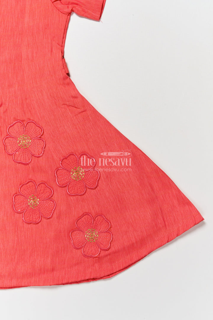 The Nesavu Girls Cotton Frock Cotton Frock with Floral Embroidery for Girls Casual and Festive Wear Nesavu Nesavu cotton frock girls puff sleeves floral embroidery ideal festive casual days