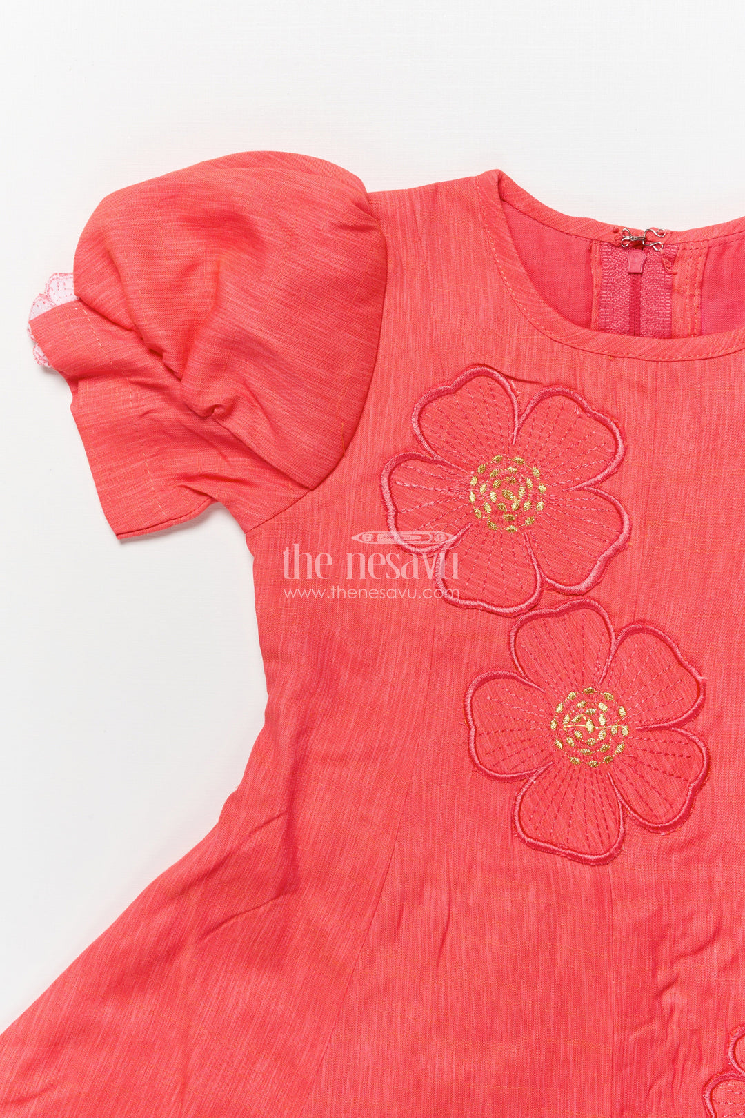 The Nesavu Girls Cotton Frock Cotton Frock with Floral Embroidery for Girls Casual and Festive Wear Nesavu Nesavu cotton frock girls puff sleeves floral embroidery ideal festive casual days