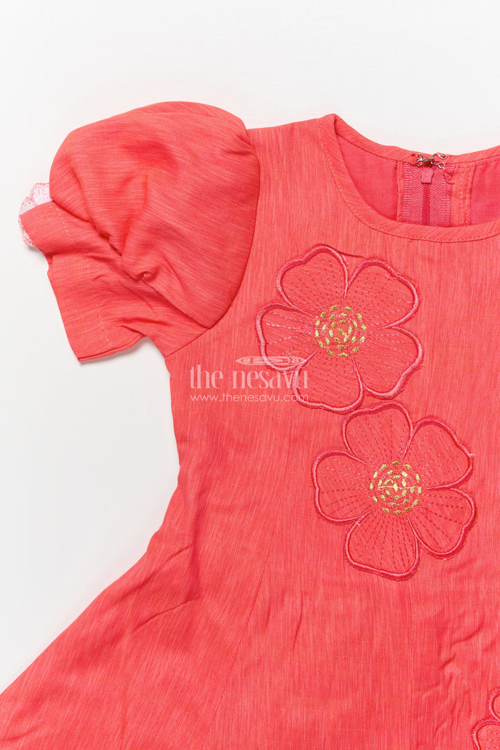 The Nesavu Girls Cotton Frock Cotton Frock with Floral Embroidery for Girls Casual and Festive Wear Nesavu Nesavu cotton frock girls puff sleeves floral embroidery ideal festive casual days
