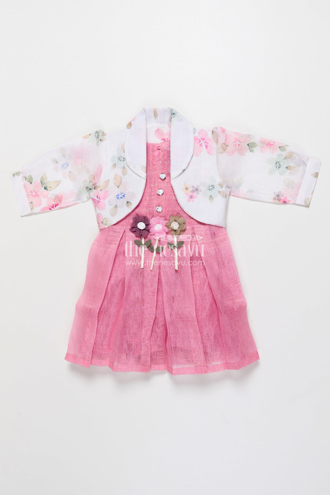 The Nesavu Girls Cotton Frock Cotton Frock with Floral Jacket for Girls’ Casual Birthdays and Family Events Nesavu 18 (2Y) / Pink GFC1868B-18 Nesavu cotton frock floral organza jacket 3D flower detail girls casual occasions