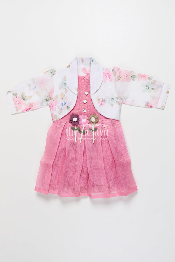 The Nesavu Girls Cotton Frock Cotton Frock with Floral Jacket for Girls’ Casual Birthdays and Family Events Nesavu 18 (2Y) / Pink GFC1868B-18 Nesavu cotton frock floral organza jacket 3D flower detail girls casual occasions