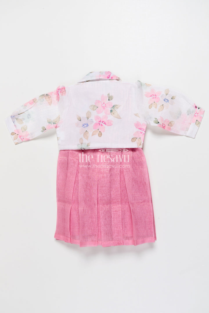 The Nesavu Girls Cotton Frock Cotton Frock with Floral Jacket for Girls’ Casual Birthdays and Family Events Nesavu Nesavu cotton frock floral organza jacket 3D flower detail girls casual occasions