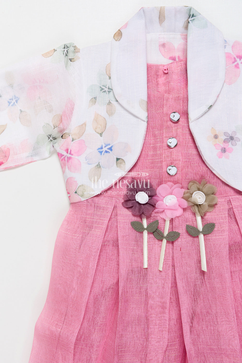 The Nesavu Girls Cotton Frock Cotton Frock with Floral Jacket for Girls’ Casual Birthdays and Family Events Nesavu Nesavu cotton frock floral organza jacket 3D flower detail girls casual occasions