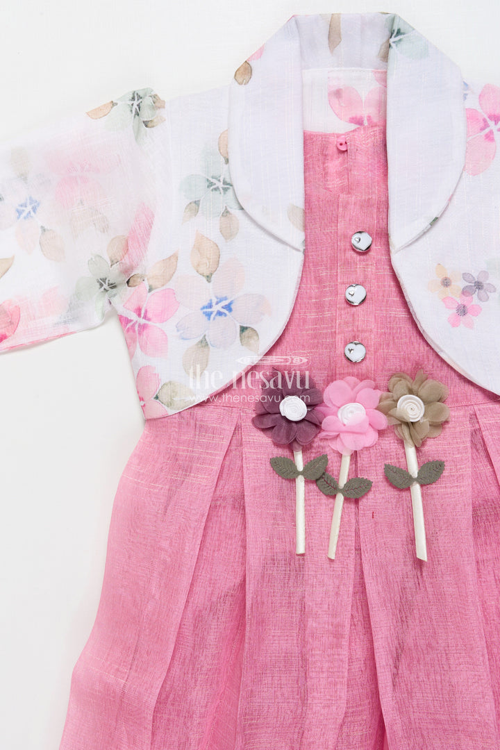 The Nesavu Girls Cotton Frock Cotton Frock with Floral Jacket for Girls’ Casual Birthdays and Family Events Nesavu Nesavu cotton frock floral organza jacket 3D flower detail girls casual occasions
