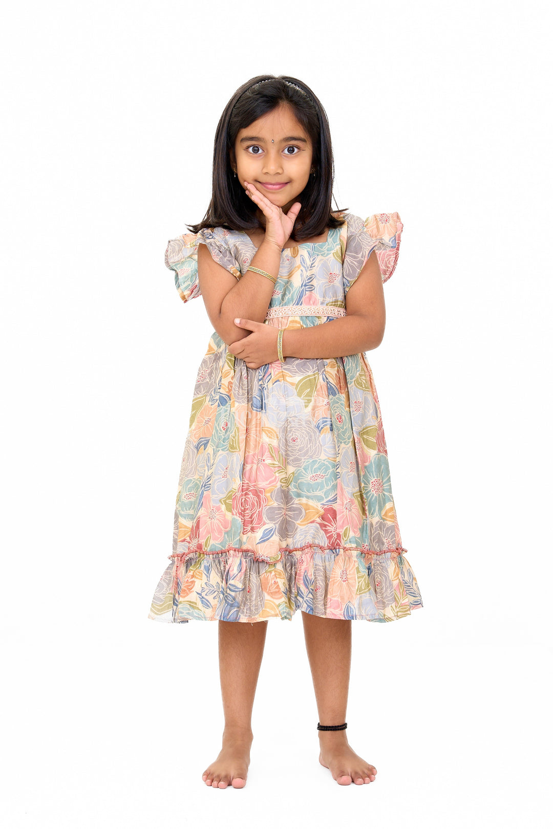 The Nesavu Girls Cotton Frock Cotton Gown for Party in Multicolor Floral Design with Ruffled Details Nesavu Multicolor Floral Cotton Party Gown Girls Ruffles | The Nesavu