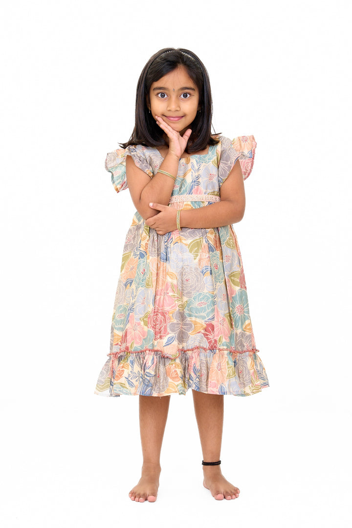 The Nesavu Girls Cotton Frock Cotton Gown for Party in Multicolor Floral Design with Ruffled Details Nesavu Multicolor Floral Cotton Party Gown Girls Ruffles | The Nesavu