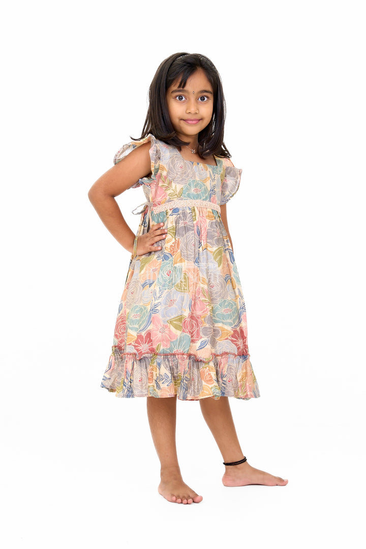 The Nesavu Girls Cotton Frock Cotton Gown for Party in Multicolor Floral Design with Ruffled Details Nesavu Multicolor Floral Cotton Party Gown Girls Ruffles | The Nesavu