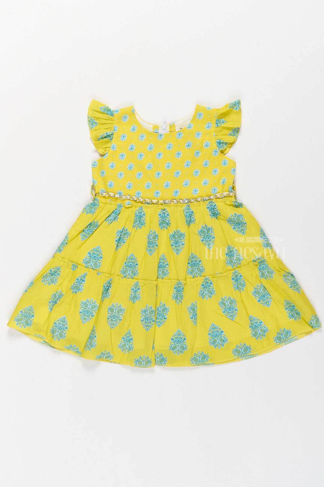 The Nesavu Girls Cotton Frock Cotton Gown Frock for Girls with Vibrant Traditional Prints and Ruffled Sleeves Nesavu 20 (3Y) / Yellow GFC1502B-20 Cotton Gown Frock Girls Vibrant Yellow Traditional Prints Ruffled Details | The Nesavu