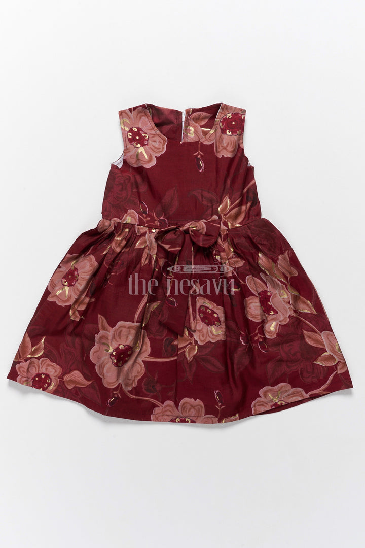 The Nesavu Girls Fancy Frock Cotton Half Frock with Burgundy Floral Design for Girls Nesavu 18 (2Y) / Brown GFC1526B-18 Nesavu Cotton Half Frock Girls  Burgundy Floral Design Flared Skirt