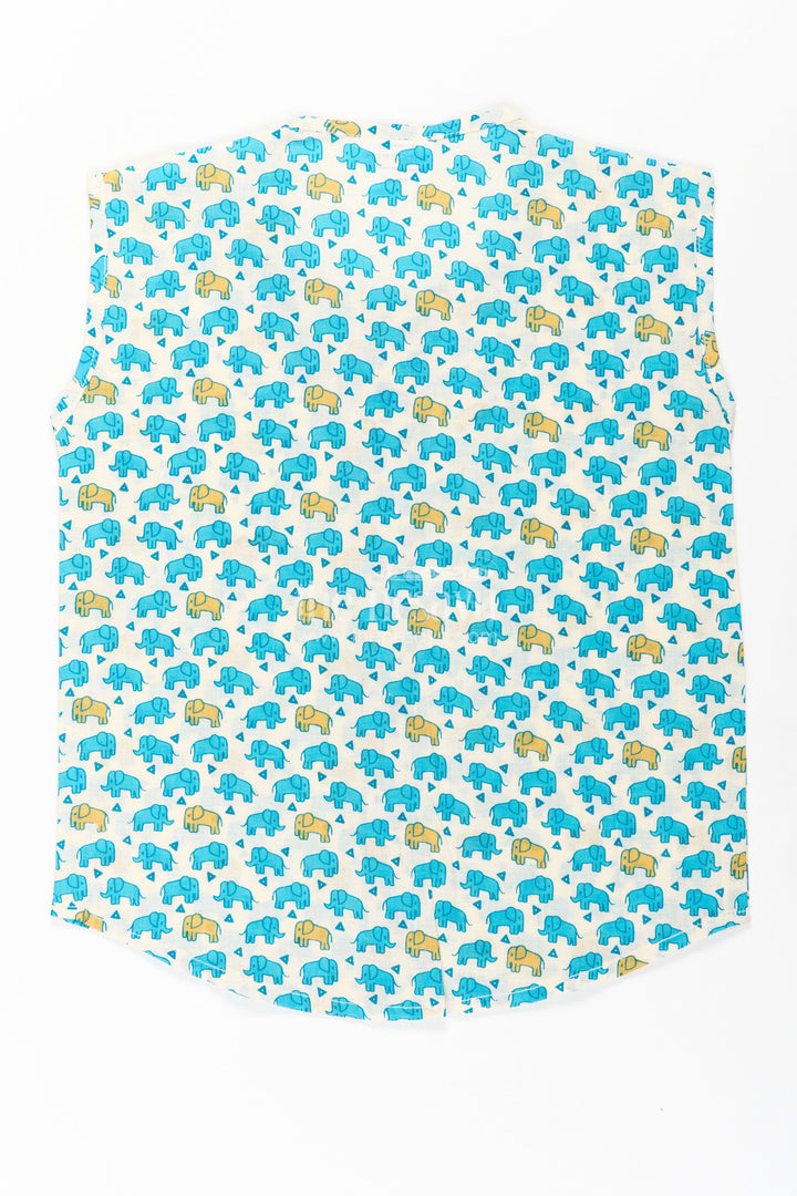 The Nesavu Baby Jablas Cotton Jabla for Newborn Boys Sleeveless Printed Shirt with Yellow and Blue Elephant Pattern Nesavu Cotton Jabla Newborn Boys Sleeveless Shirt Yellow Blue Elephant Print Button Closure | The Nesavu
