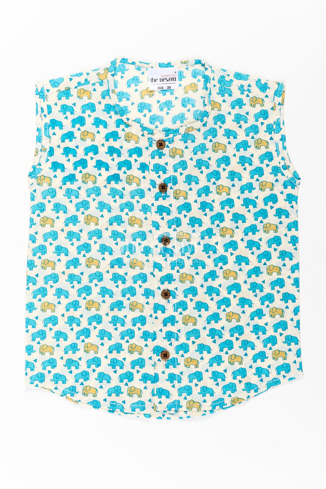 The Nesavu Baby Jablas Cotton Jabla for Newborn Boys Sleeveless Printed Shirt with Yellow and Blue Elephant Pattern Nesavu Cotton Jabla Newborn Boys Sleeveless Shirt Yellow Blue Elephant Print Button Closure | The Nesavu