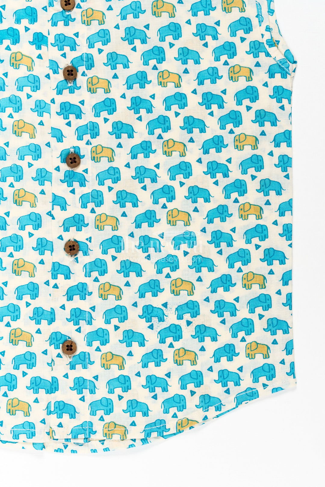 The Nesavu Baby Jablas Cotton Jabla for Newborn Boys Sleeveless Printed Shirt with Yellow and Blue Elephant Pattern Nesavu Cotton Jabla Newborn Boys Sleeveless Shirt Yellow Blue Elephant Print Button Closure | The Nesavu