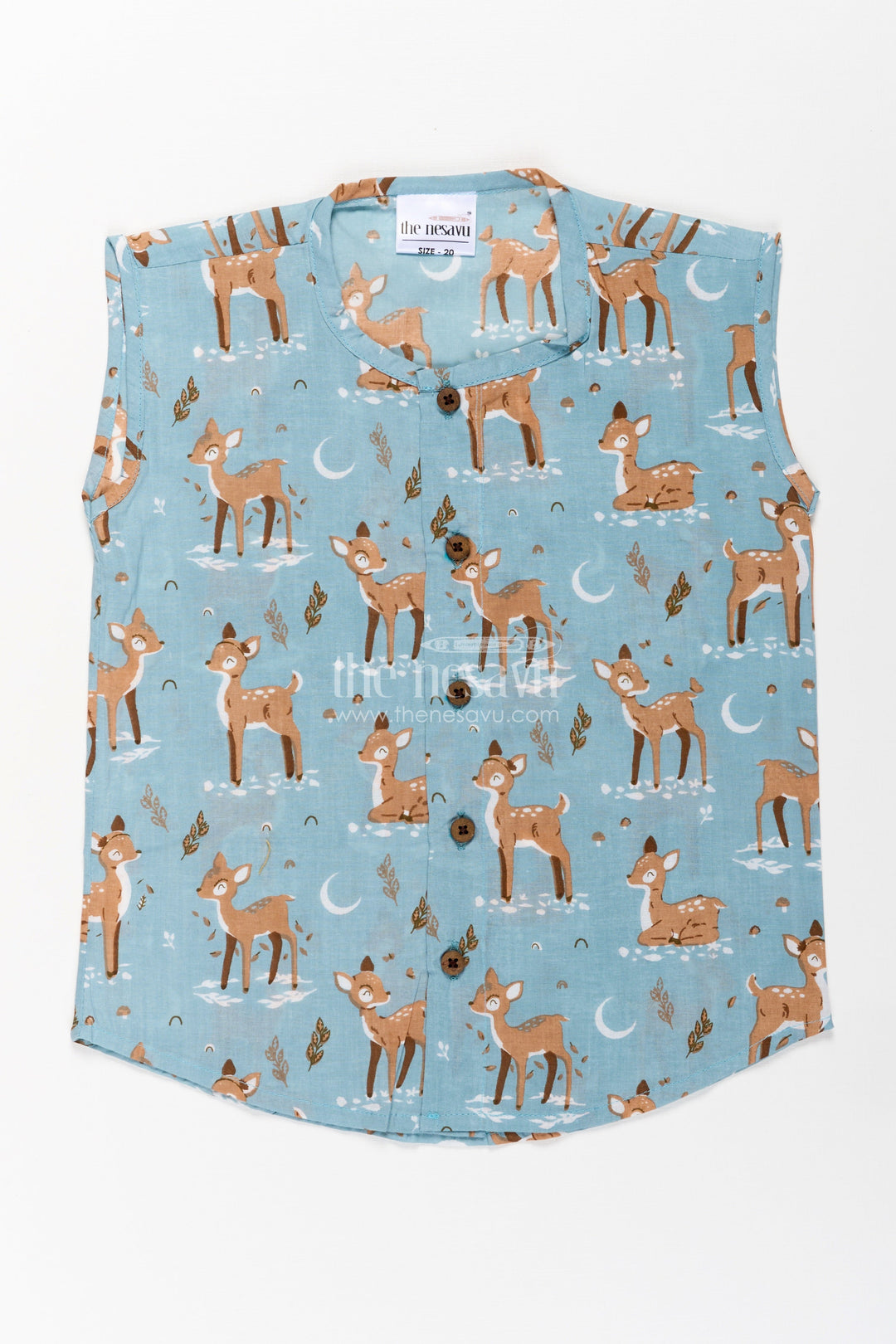 The Nesavu Baby Jablas Cotton Jablas for Baby Boys Sleeveless Blue Shirt with Playful Deer and Moon Digital Prints Nesavu 10 (NB) / Green IF034A-10 Cotton Jablas Baby Boys Blue Sleeveless Shirt Woodland Deer Moon Digital Print | The Nesavu