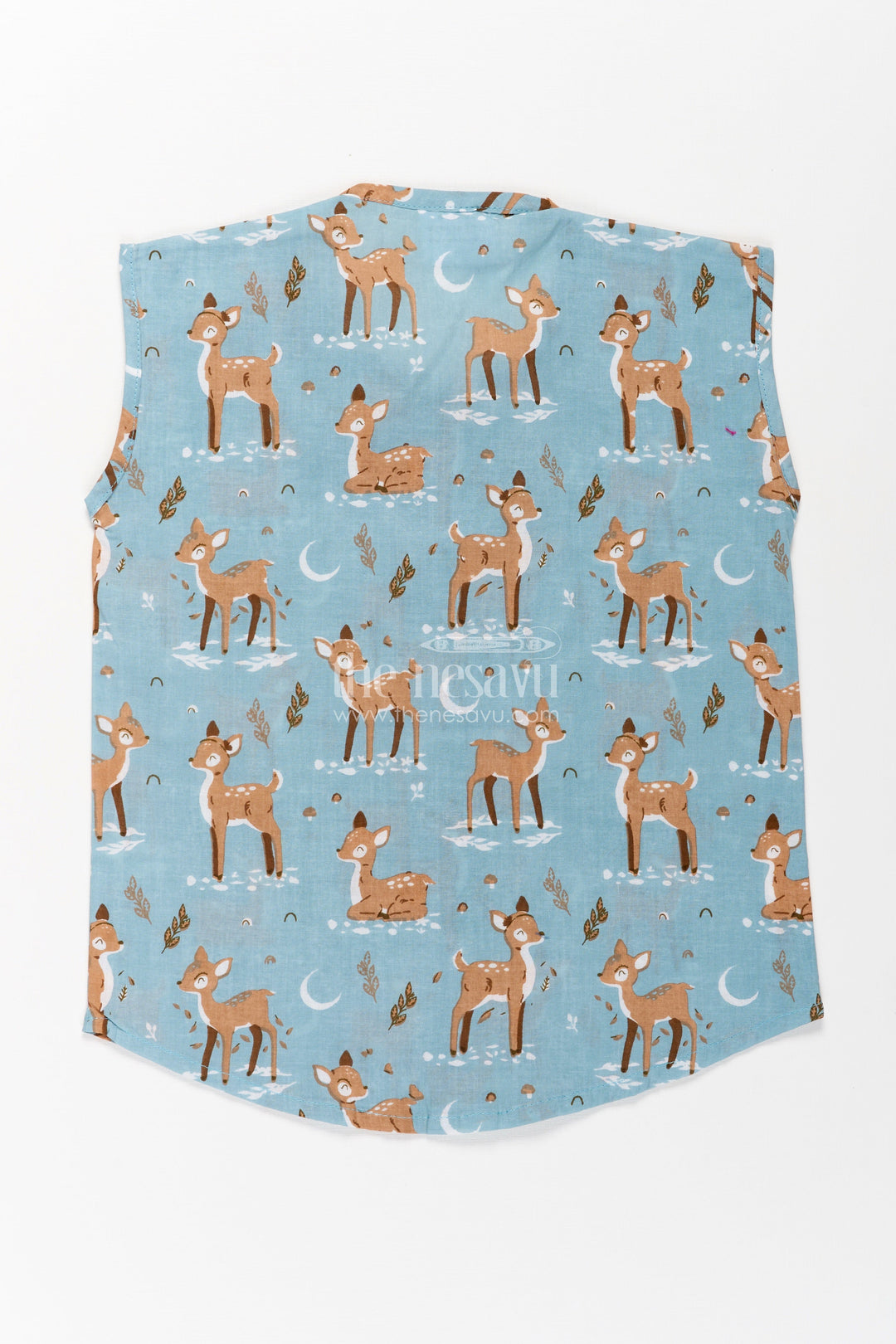 The Nesavu Baby Jablas Cotton Jablas for Baby Boys Sleeveless Blue Shirt with Playful Deer and Moon Digital Prints Nesavu Cotton Jablas Baby Boys Blue Sleeveless Shirt Woodland Deer Moon Digital Print | The Nesavu