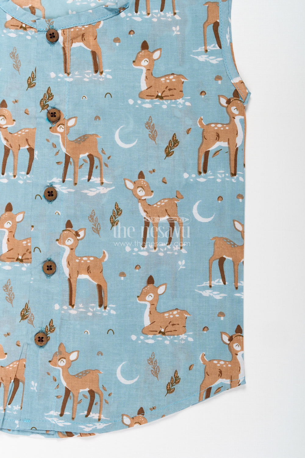 The Nesavu Baby Jablas Cotton Jablas for Baby Boys Sleeveless Blue Shirt with Playful Deer and Moon Digital Prints Nesavu Cotton Jablas Baby Boys Blue Sleeveless Shirt Woodland Deer Moon Digital Print | The Nesavu