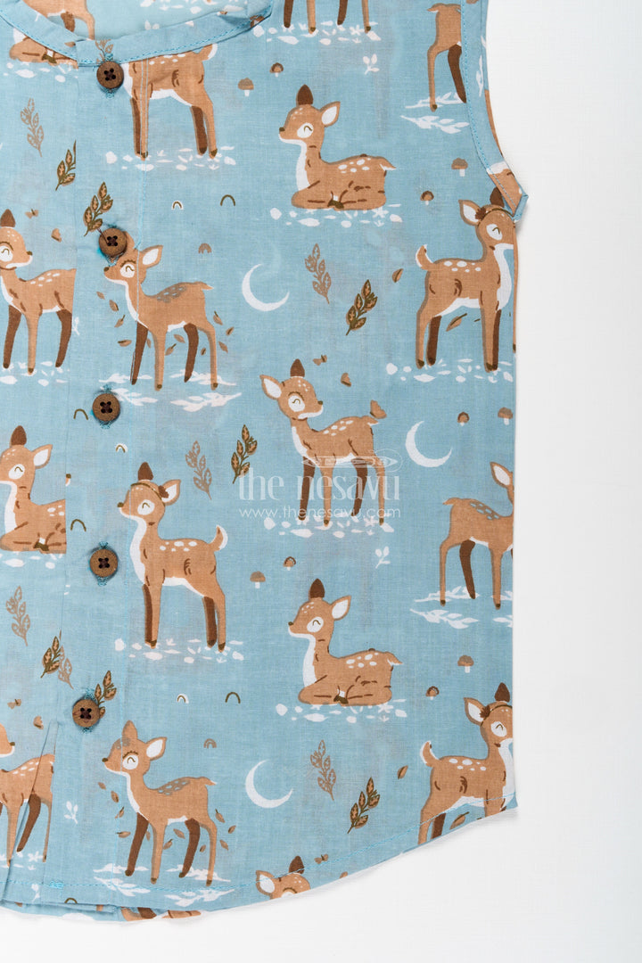 The Nesavu Baby Jablas Cotton Jablas for Baby Boys Sleeveless Blue Shirt with Playful Deer and Moon Digital Prints Nesavu Cotton Jablas Baby Boys Blue Sleeveless Shirt Woodland Deer Moon Digital Print | The Nesavu