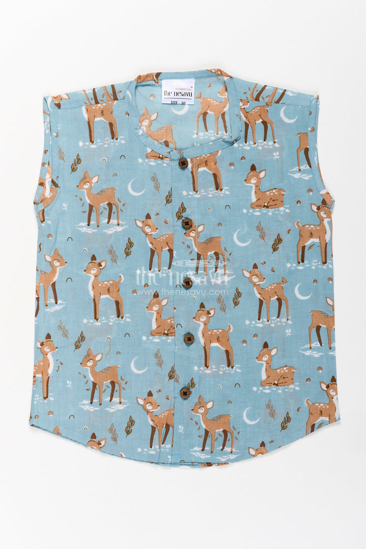 The Nesavu Baby Jablas Cotton Jablas for Baby Boys Sleeveless Blue Shirt with Playful Deer and Moon Digital Prints Nesavu Cotton Jablas Baby Boys Blue Sleeveless Shirt Woodland Deer Moon Digital Print | The Nesavu