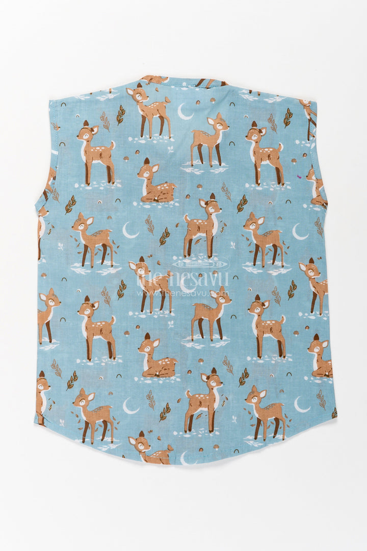 The Nesavu Baby Jablas Cotton Jablas for Baby Boys Sleeveless Blue Shirt with Playful Deer and Moon Digital Prints Nesavu Cotton Jablas Baby Boys Blue Sleeveless Shirt Woodland Deer Moon Digital Print | The Nesavu