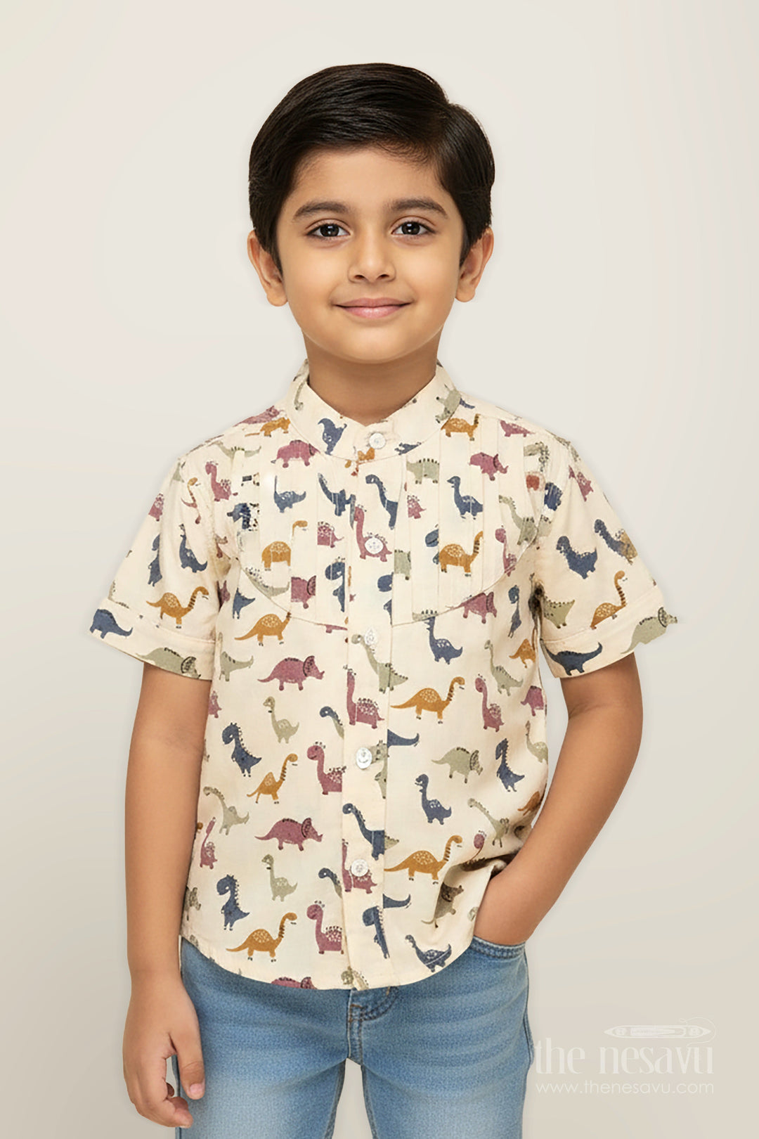 The Nesavu Boys Cotton Shirt Cotton Jungle Animal Shirt for Kids in Soft Beige with Multi-Colored Dinosaur Digital Prints Nesavu 16 (1Y) / Cream BS279A-16 Nesavu Cotton Shirt Kids Jungle Animal Dinosaur Print Earthy Tones Soft Beige Base
