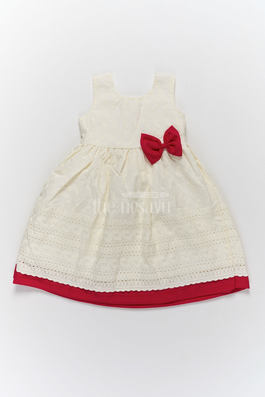 The Nesavu Girls Cotton Frock Cotton Ke Gown with Elegant Hakoba Embroidery and Red Bow for Girls Nesavu 18 (2Y) / White GFC1342C-18 Nesavu Cotton Ke Gown Girls Hakoba Embroidery Red Bow  Ideal Celebrations