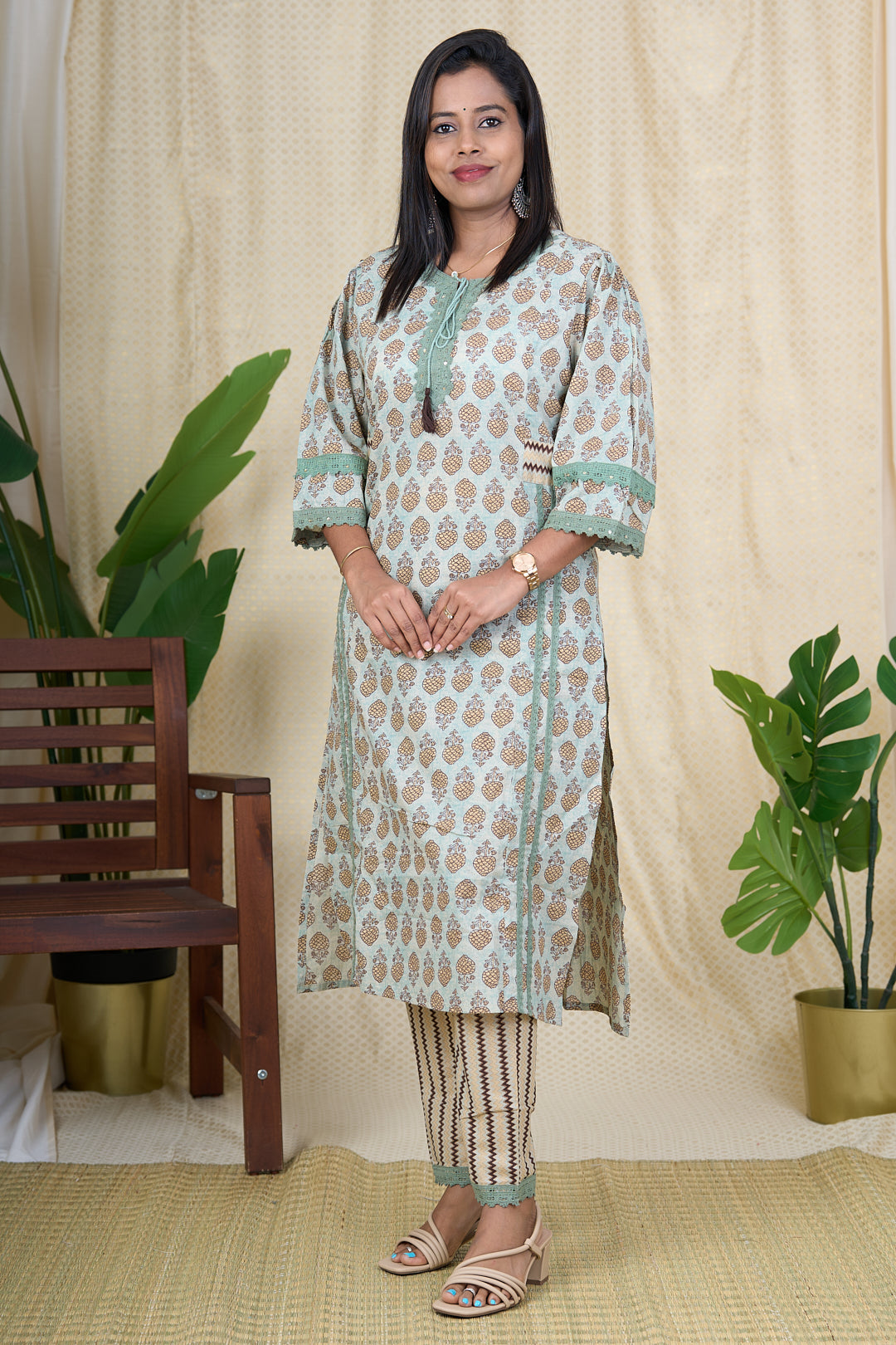 The Nesavu Womens Flared Suit Sets Cotton Kurta Set for Women - Hand Block Printed Kurta Sets for Ladies Nesavu 36 (S) / Green / Cotton WTW004A-36