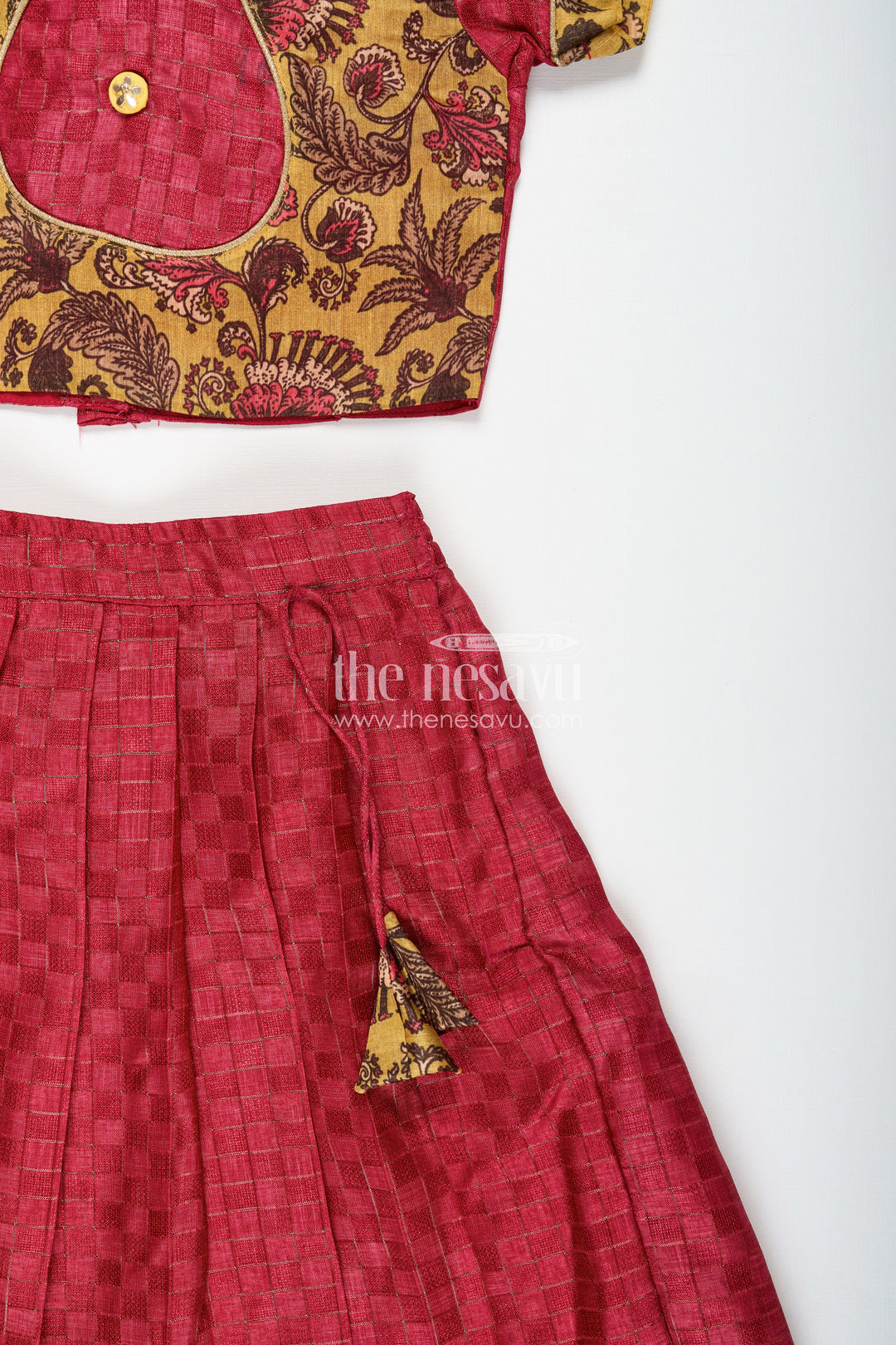 The Nesavu Girls Lehenga Choli Cotton Lehenga Set for Girls in Maroon with Yellow Chanderi Yoke and Floral Detailing Nesavu Nesavu Cotton Lehenga Set Girls Maroon Silk Cotton Skirt Yellow Floral Chanderi Blouse