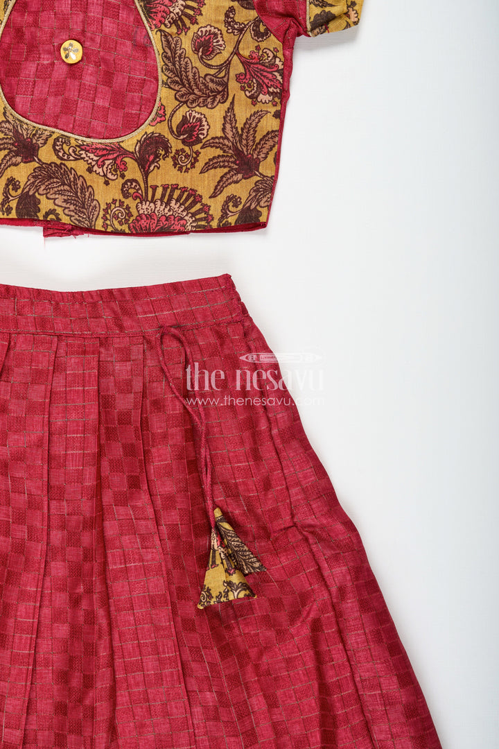 The Nesavu Girls Lehenga Choli Cotton Lehenga Set for Girls in Maroon with Yellow Chanderi Yoke and Floral Detailing Nesavu Nesavu Cotton Lehenga Set Girls Maroon Silk Cotton Skirt Yellow Floral Chanderi Blouse