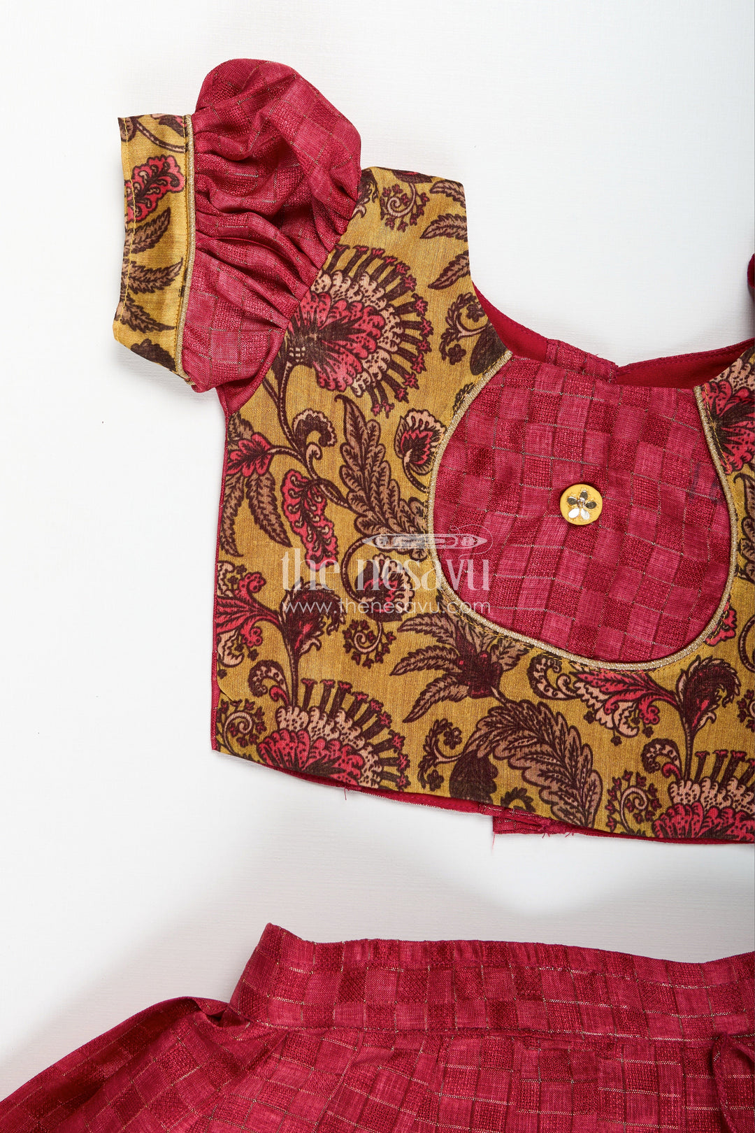 The Nesavu Girls Lehenga Choli Cotton Lehenga Set for Girls in Maroon with Yellow Chanderi Yoke and Floral Detailing Nesavu Nesavu Cotton Lehenga Set Girls Maroon Silk Cotton Skirt Yellow Floral Chanderi Blouse