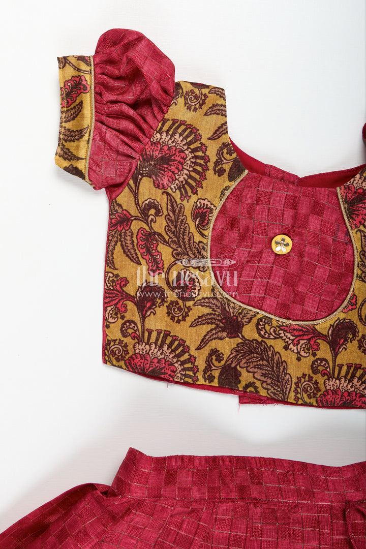 The Nesavu Girls Lehenga Choli Cotton Lehenga Set for Girls in Maroon with Yellow Chanderi Yoke and Floral Detailing Nesavu Nesavu Cotton Lehenga Set Girls Maroon Silk Cotton Skirt Yellow Floral Chanderi Blouse