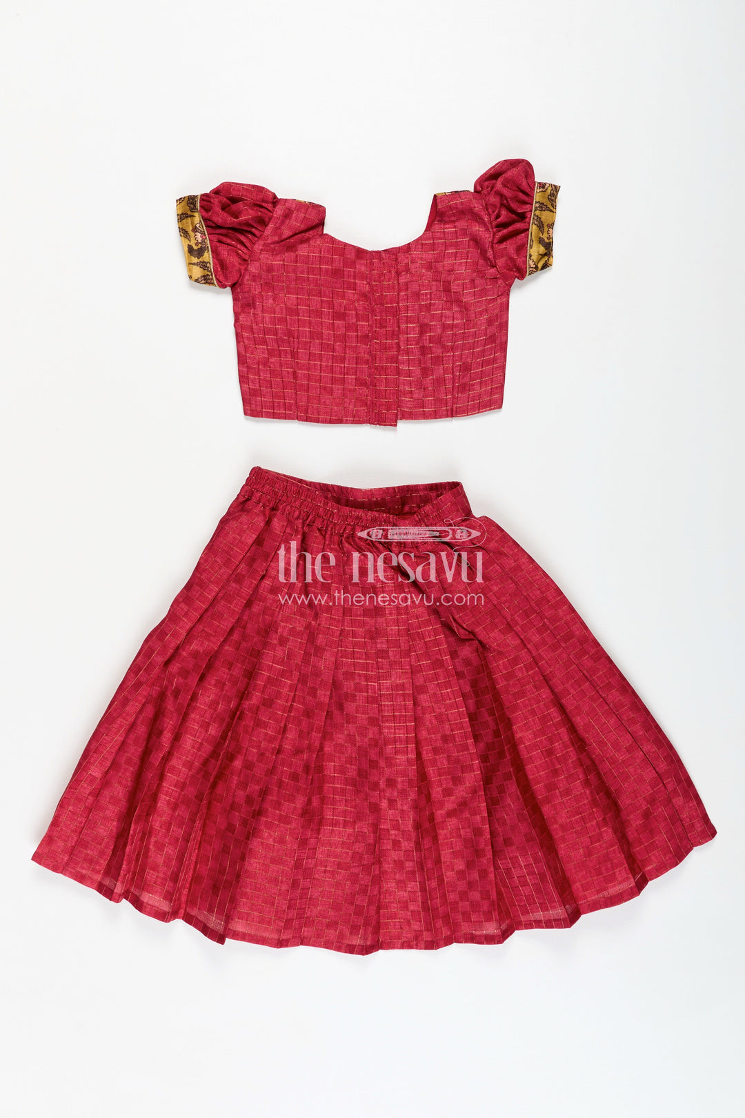 The Nesavu Girls Lehenga Choli Cotton Lehenga Set for Girls in Maroon with Yellow Chanderi Yoke and Floral Detailing Nesavu Nesavu Cotton Lehenga Set Girls Maroon Silk Cotton Skirt Yellow Floral Chanderi Blouse