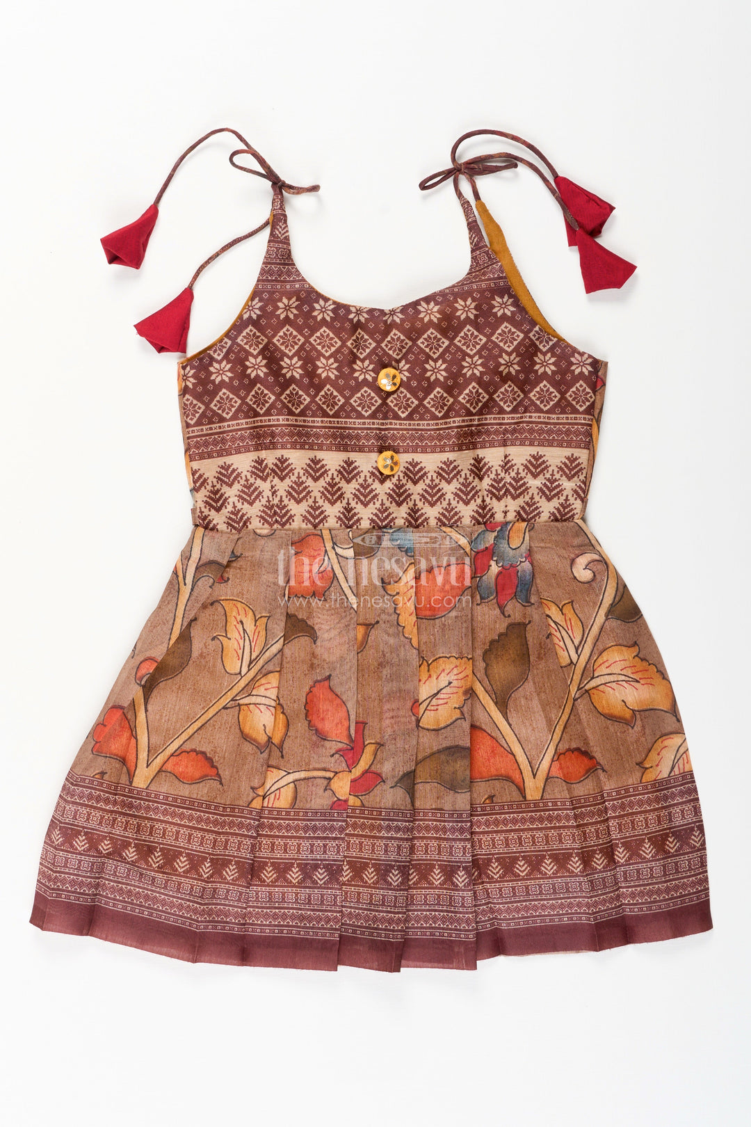The Nesavu Tie-up Frock Cotton Printed Baby Girl Tie-Up Frock for Summer Outings and Festive Play Nesavu 14 (6M) / Brown / Style 1 T410A-14 Nesavu cotton tie-up frock for baby girls – tribal printed summer dress for playdates and poojas