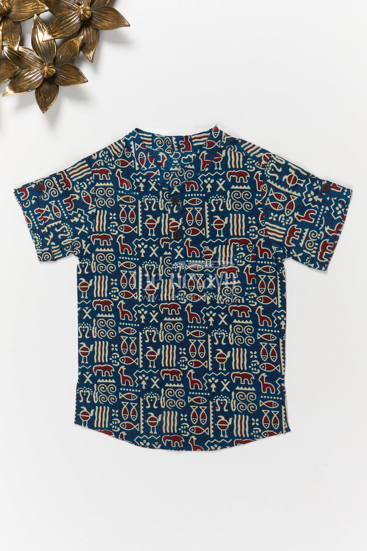 The Nesavu Boys Cotton Shirt Cotton Printed Shirt for Boys with Festive Block-style Design Nesavu 20 (3Y) / Blue BS382A-20 Nesavu boys cotton ethnic block print shirt – soft, breathable pick for festive and casual use