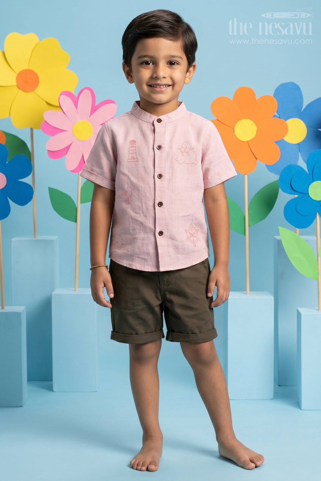 The Nesavu Boys Casual Set Cotton Set for Boys with Pink Thread Embroidered Shirt and Olive Green Shorts in Lightweight Fabric Nesavu 10 (NB) / Pink BCS227A-10 Cotton Set for Boys with Pink Embroidered Shirt and Olive Shorts in Lightweight Breathable Fabric | The Nesavu