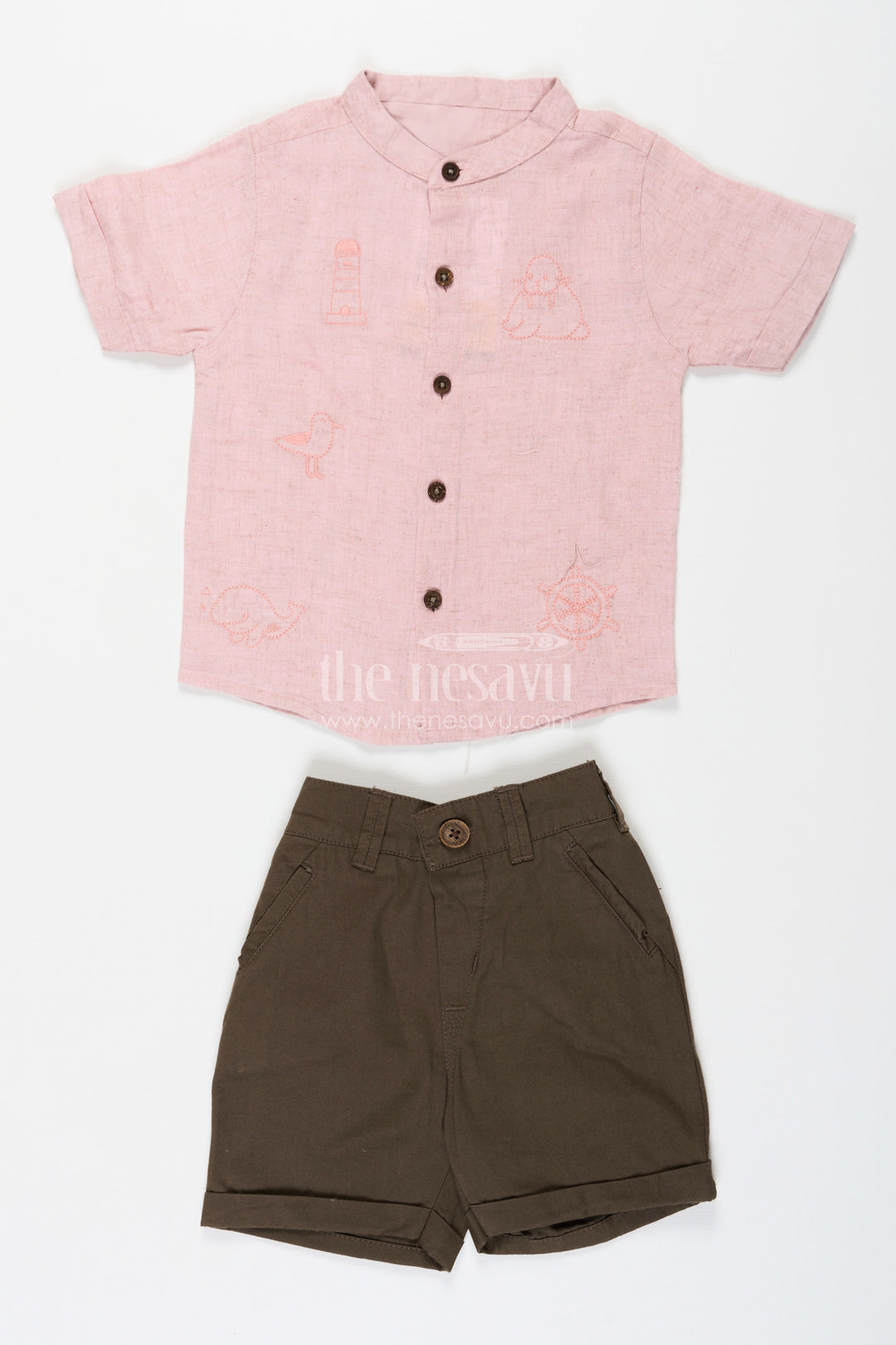 The Nesavu Boys Casual Set Cotton Set for Boys with Pink Thread Embroidered Shirt and Olive Green Shorts in Lightweight Fabric Nesavu 16 (1Y) / Pink BCS227A-16 Cotton Set for Boys with Pink Embroidered Shirt and Olive Shorts in Lightweight Breathable Fabric | The Nesavu