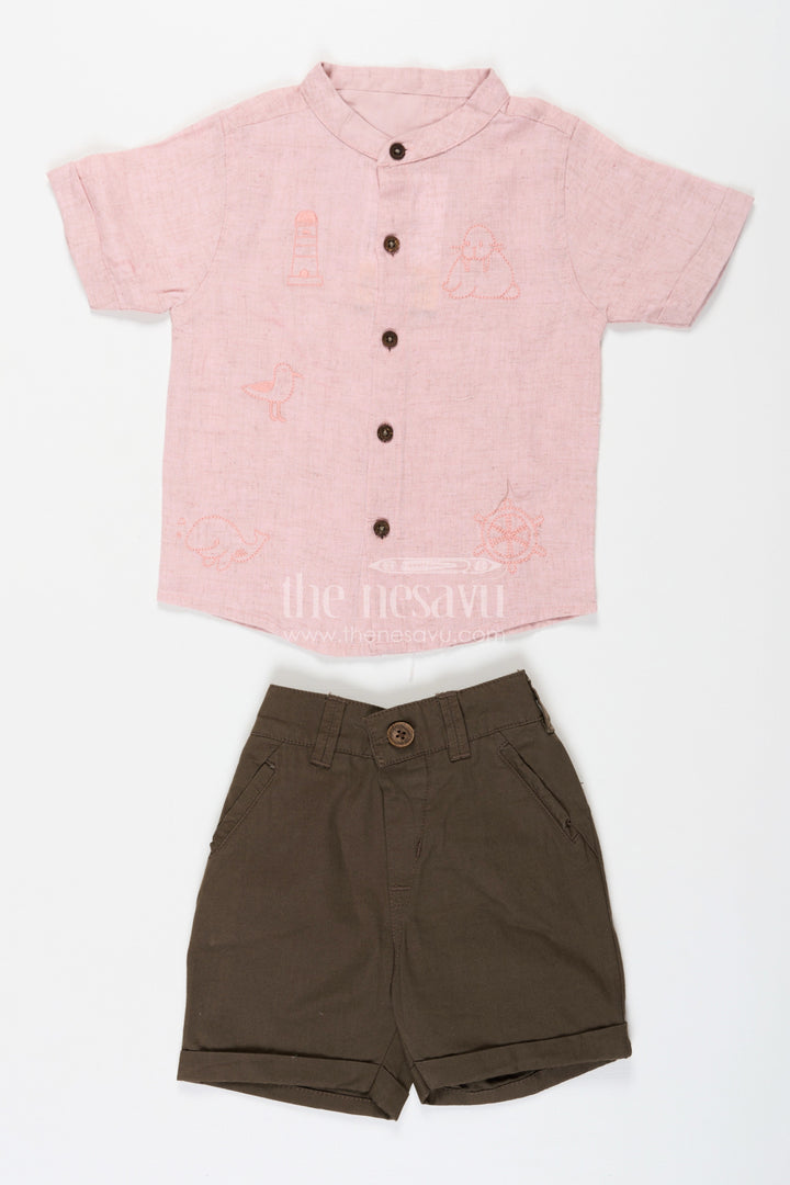 The Nesavu Boys Casual Set Cotton Set for Boys with Pink Thread Embroidered Shirt and Olive Green Shorts in Lightweight Fabric Nesavu 16 (1Y) / Pink BCS227A-16 Cotton Set for Boys with Pink Embroidered Shirt and Olive Shorts in Lightweight Breathable Fabric | The Nesavu