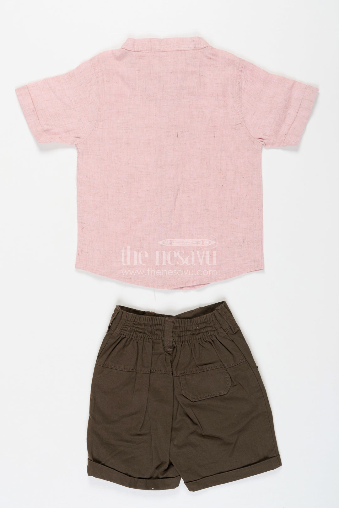 The Nesavu Boys Casual Set Cotton Set for Boys with Pink Thread Embroidered Shirt and Olive Green Shorts in Lightweight Fabric Nesavu Cotton Set for Boys with Pink Embroidered Shirt and Olive Shorts in Lightweight Breathable Fabric | The Nesavu