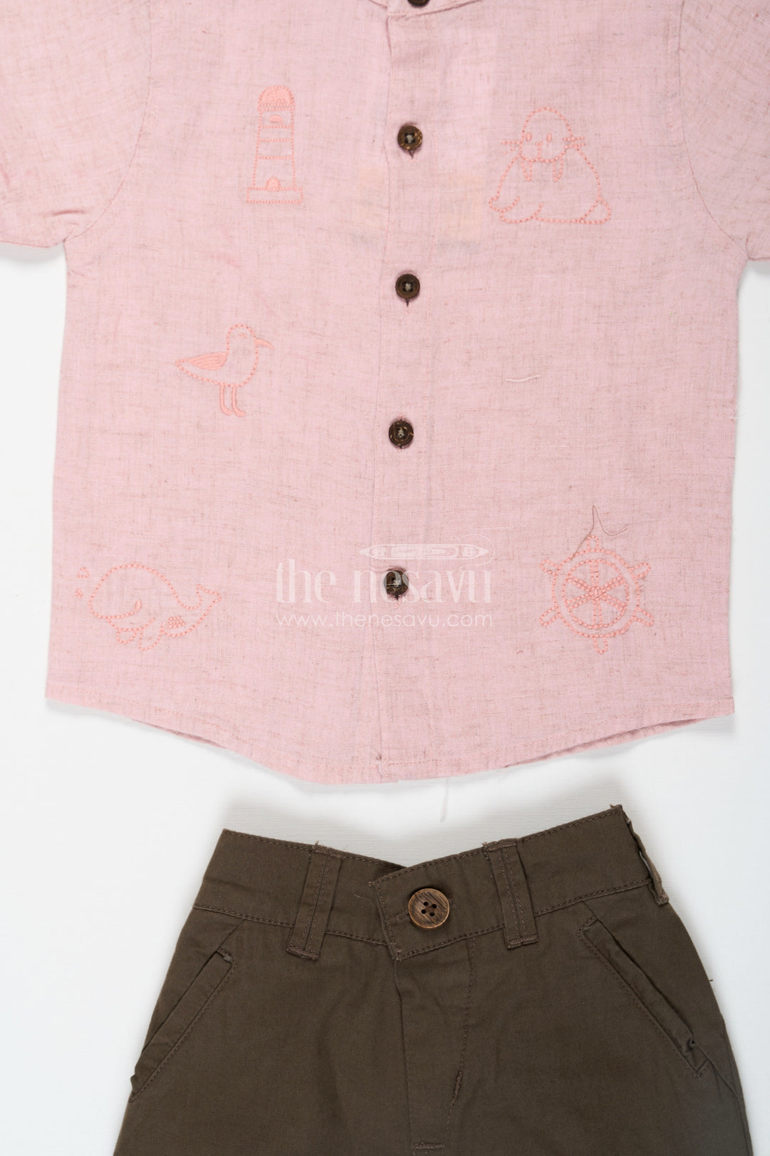 The Nesavu Boys Casual Set Cotton Set for Boys with Pink Thread Embroidered Shirt and Olive Green Shorts in Lightweight Fabric Nesavu Cotton Set for Boys with Pink Embroidered Shirt and Olive Shorts in Lightweight Breathable Fabric | The Nesavu