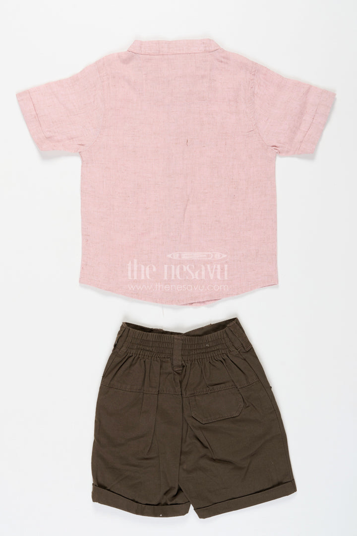 The Nesavu Boys Casual Set Cotton Set for Boys with Pink Thread Embroidered Shirt and Olive Green Shorts in Lightweight Fabric Nesavu Nesavu Cotton Set for Boys with Pink Embroidered Shirt and Olive Shorts in Lightweight Breathable Fabric